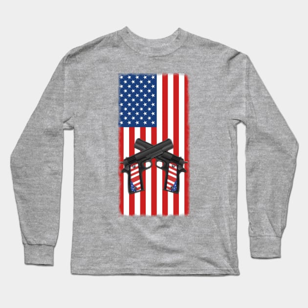 American Flag with Crossed Pistols 2nd Amendment Long Sleeve T-Shirt by Roly Poly Roundabout